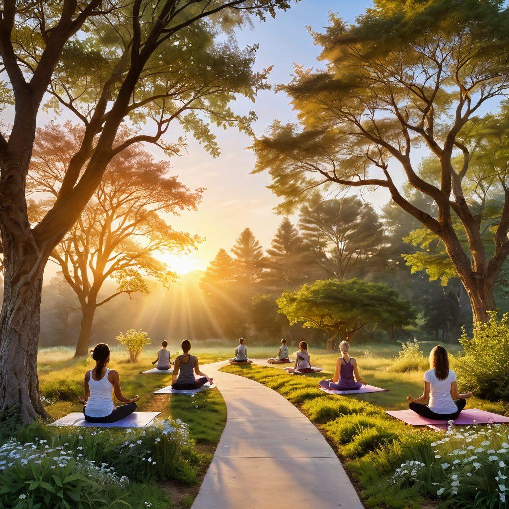 A serene landscape depicting a gentle sunrise over a peaceful path, lined with diverse trees representing growth and healing. In the foreground, a group of people of various ages and backgrounds are practicing yoga and meditation, symbolizing holistic wellness and unity. Soft, warm colors evoke a sense of hope and tranquility. Include subtle elements like butterflies and flowers, representing transformation and renewal. super-realistic. vibrant colors. peaceful atmosphere.