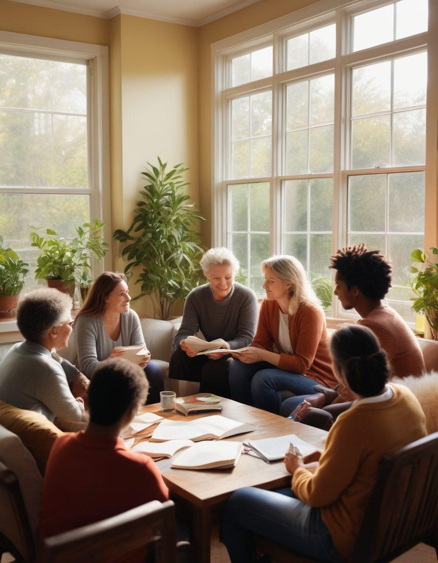 A warm, inviting scene depicting a diverse group of individuals in a cozy support group setting, engaged in heartfelt conversation. The atmosphere should evoke a sense of camaraderie and hope, with personal items like care journals and art supplies around them. Soft, natural light filtering through large windows, with plants and comforting decor in the background. Emphasize warmth and connection. super-realistic. vibrant colors. soft focus.